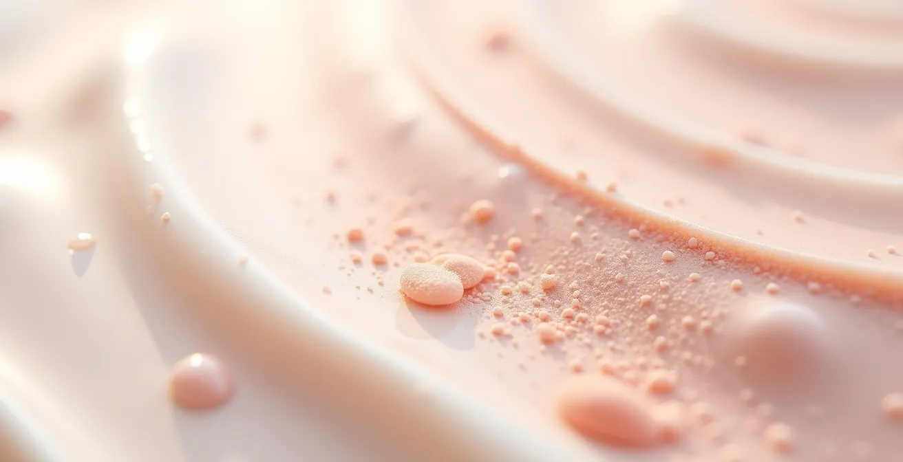 Vue macro de textures de produits cosmétiques montrant la complexité des formulations