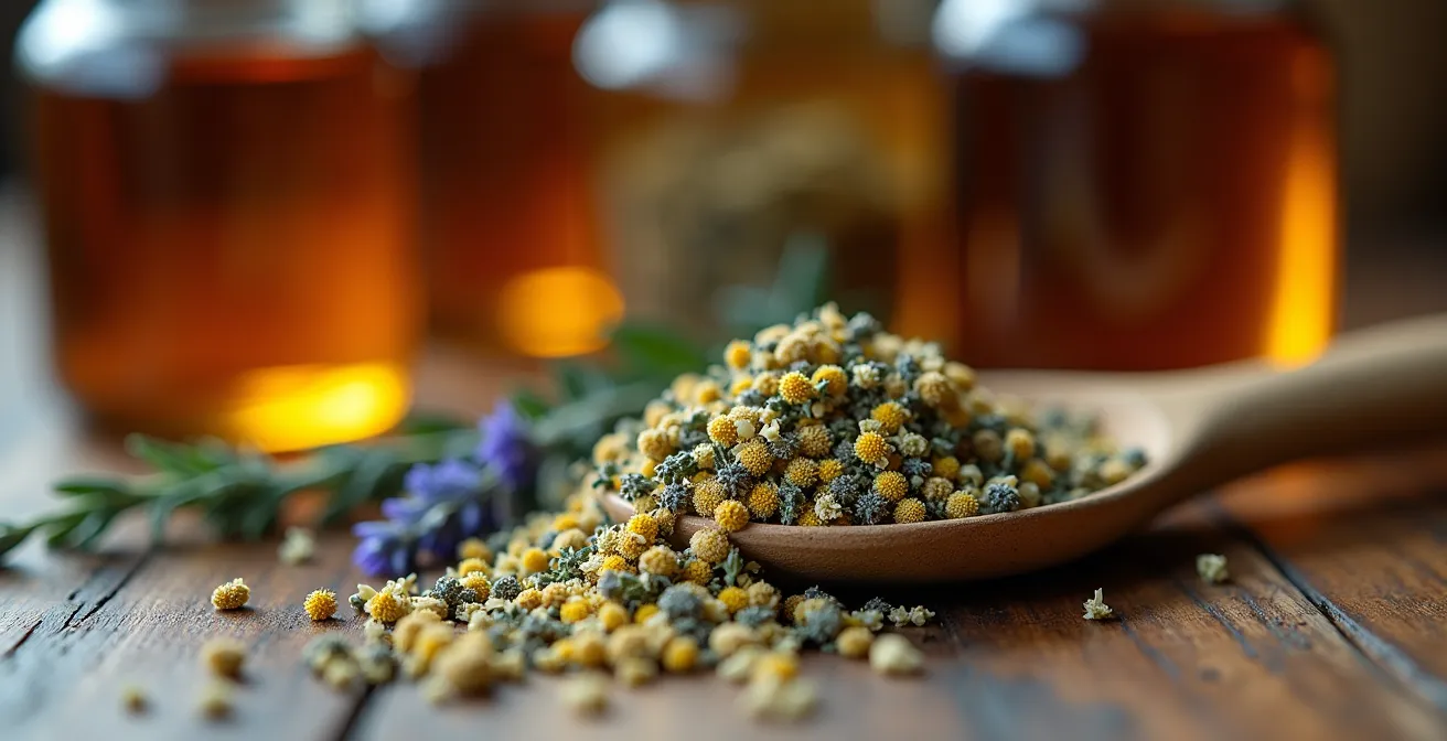 Collection de plantes médicinales séchées disposées en bocaux avec étiquettes botaniques