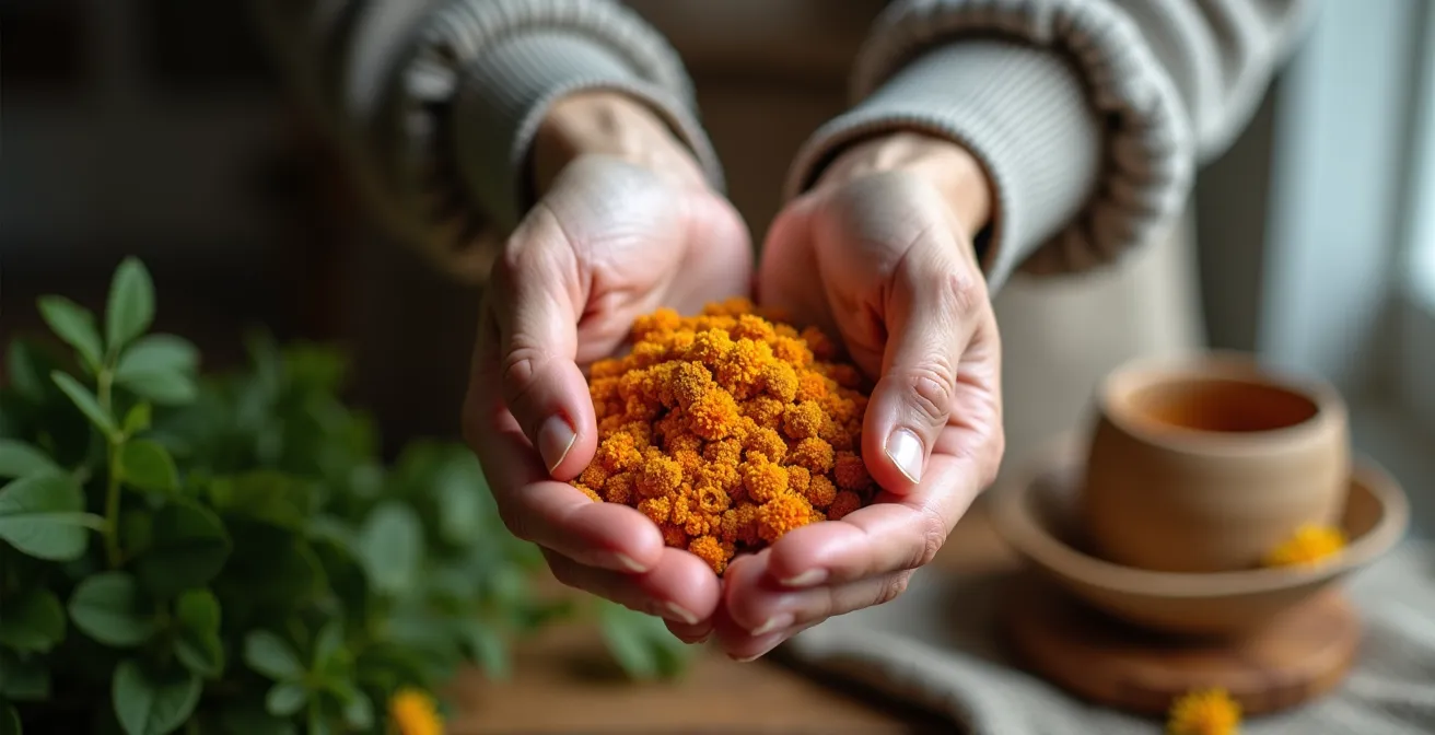 Racines de curcuma fraîches et fleurs de reine-des-prés sur surface en bois naturel