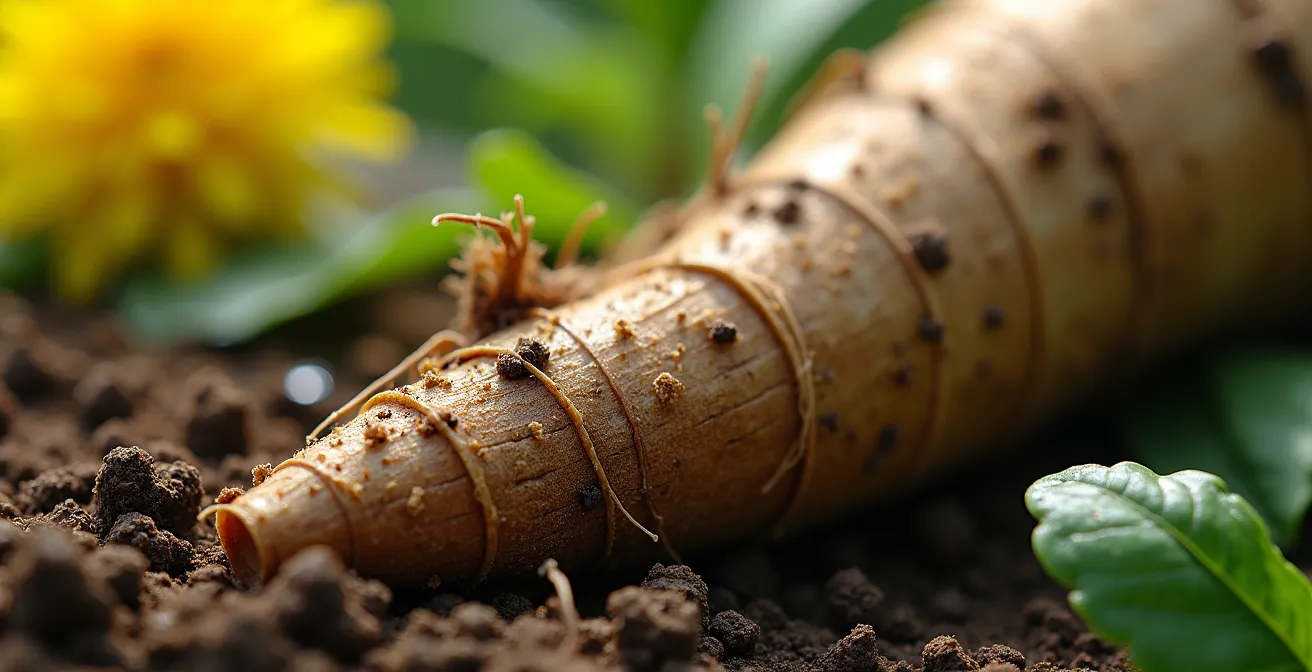 Macro photographie de racine de pissenlit fraîche avec gouttelettes de rosée et feuilles vertes