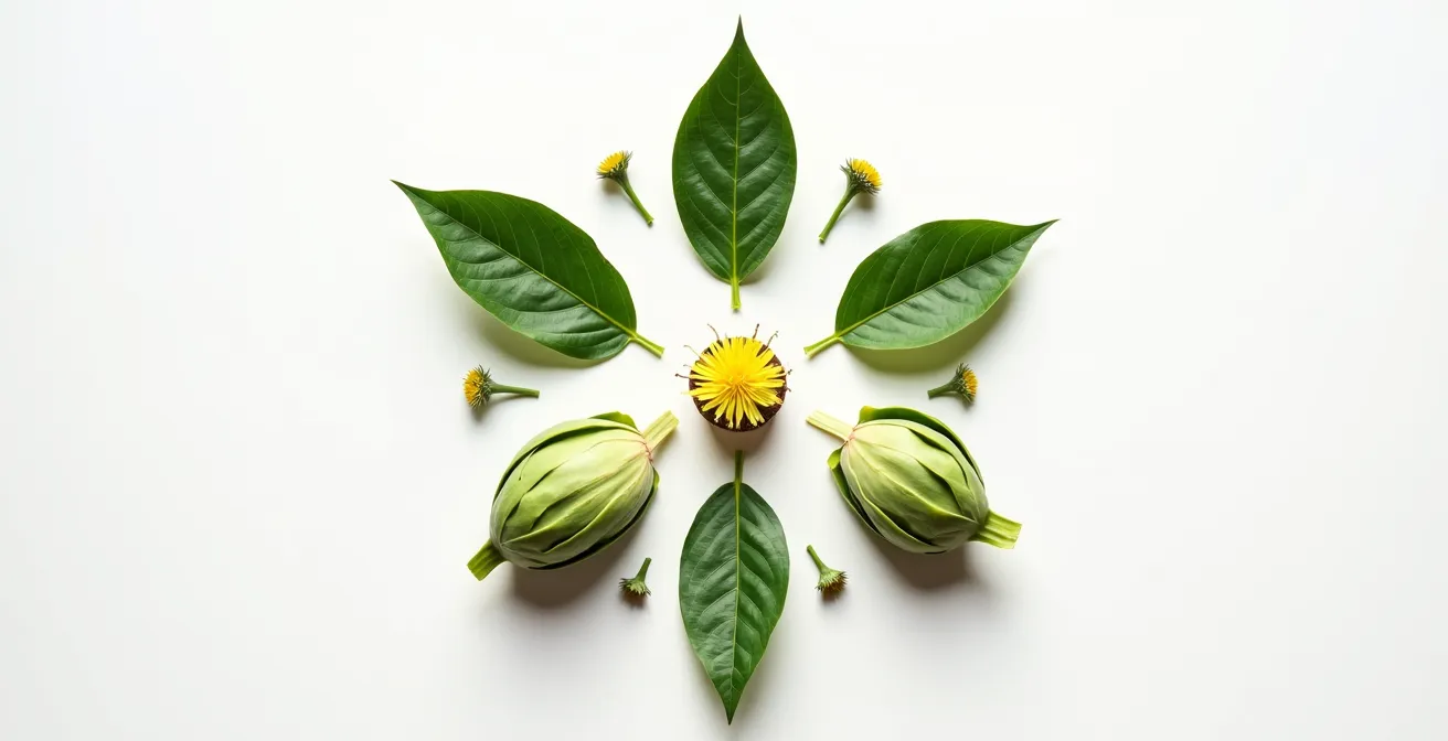 Arrangement épuré de plantes dépuratives fraîches incluant pissenlit, artichaut et chardon-marie sur fond blanc