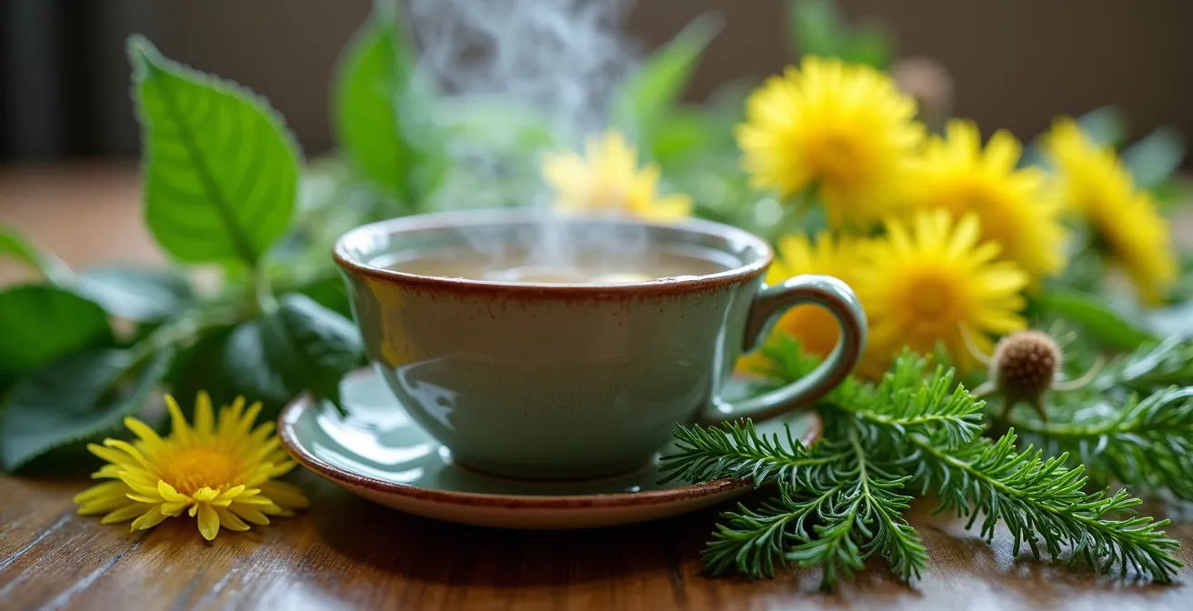 Composition de plantes détoxifiantes fraîches disposées autour d'une tasse d'infusion fumante