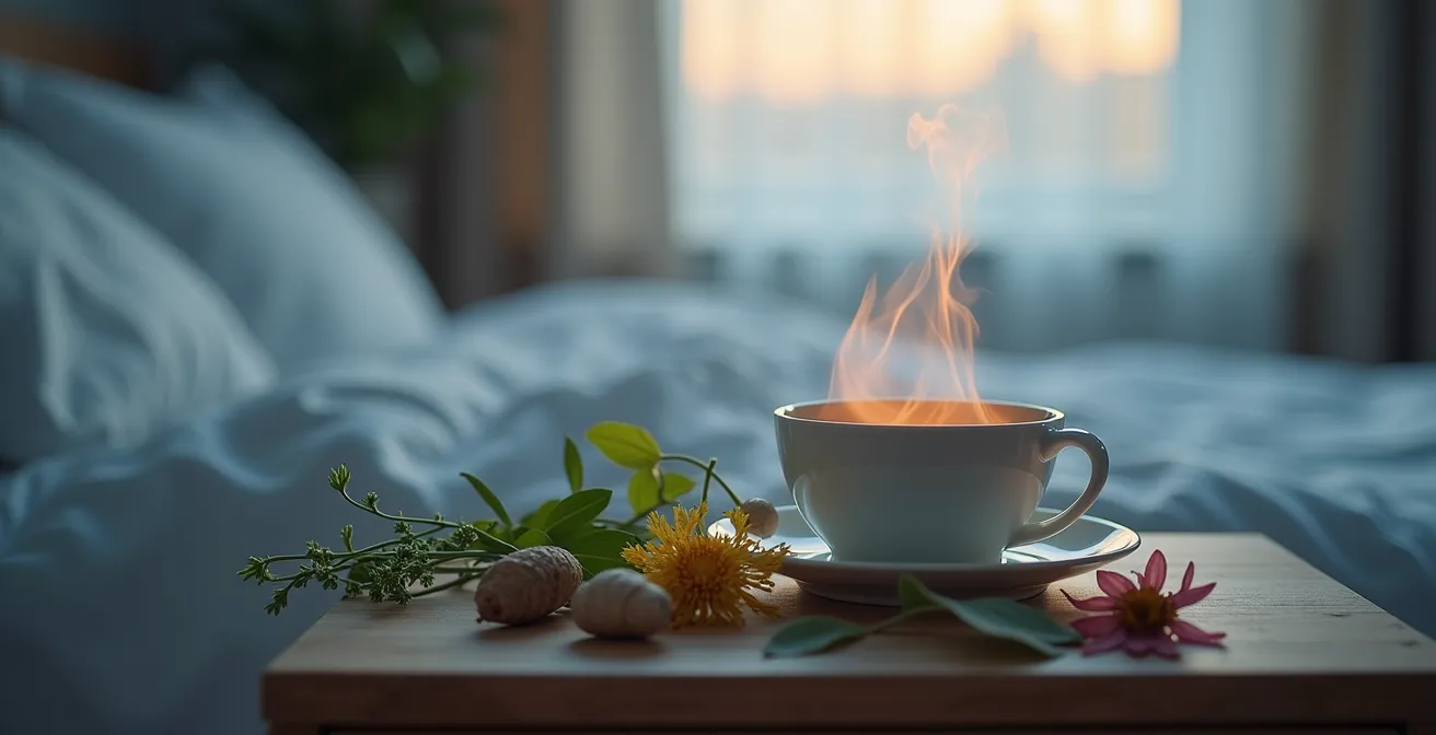 Racines de valériane séchées, fleurs de passiflore et feuilles de mélisse disposées sur table en bois avec tasse de tisane