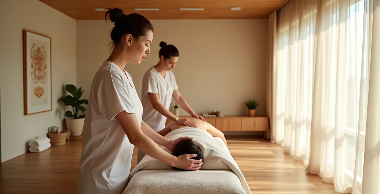 Environnement spa épuré avec praticien concentré en position ergonomique lors d'un massage