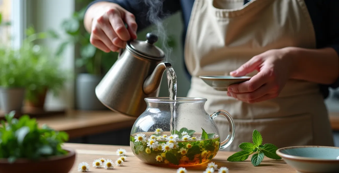 Préparation artisanale d'une tisane avec théière en verre et plantes fraîches