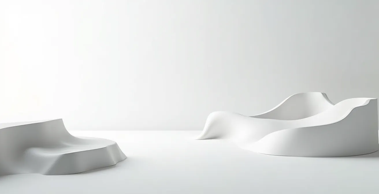 Espace minimaliste représentant le processus d'autophagie avec des formes organiques en transformation