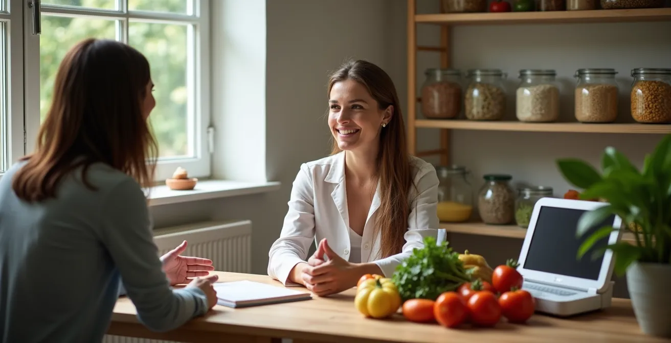 Bureau de nutritionniste avec carnets de suivi alimentaire, balance impédancemètre et légumes frais, illustrant le processus de personnalisation