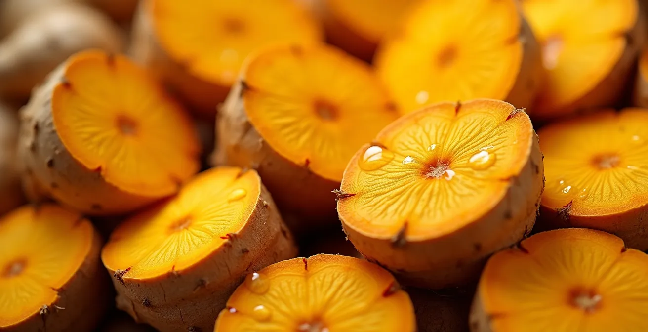 Gros plan sur des racines fraîches de curcuma et gingembre coupées, révélant leur texture fibreuse orange et jaune