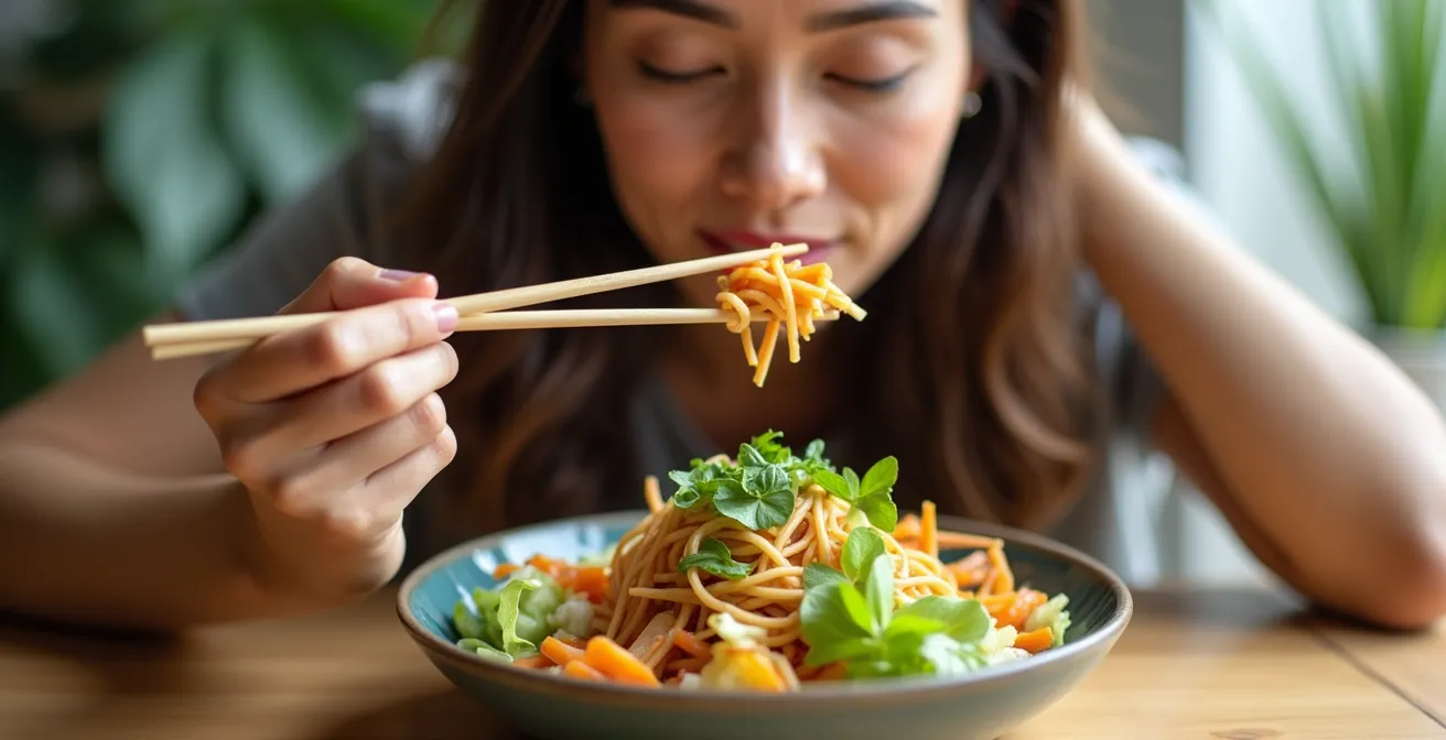 Personne pratiquant la mastication consciente dans un environnement calme et lumineux