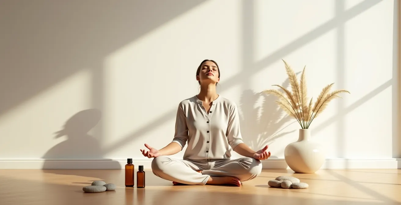 Personne en méditation entourée de volutes aromatiques dans un espace minimaliste