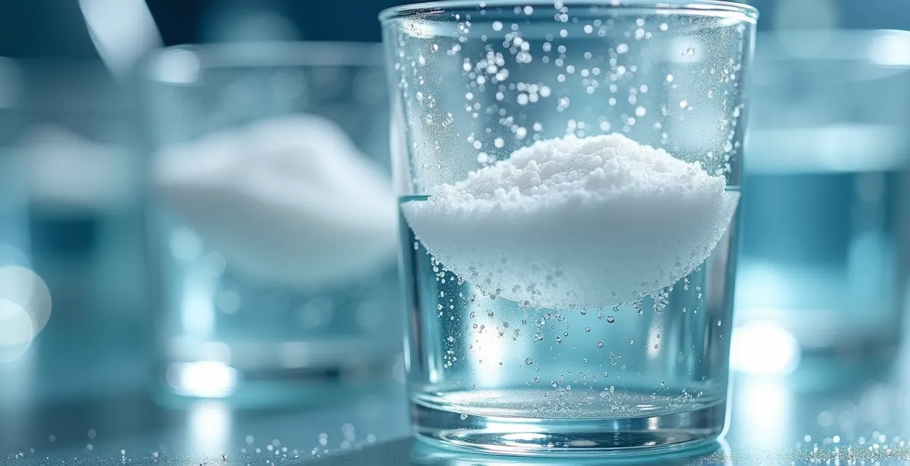 Préparation d'une solution de réhydratation avec eau, sel et sucre sur un plan de travail épuré