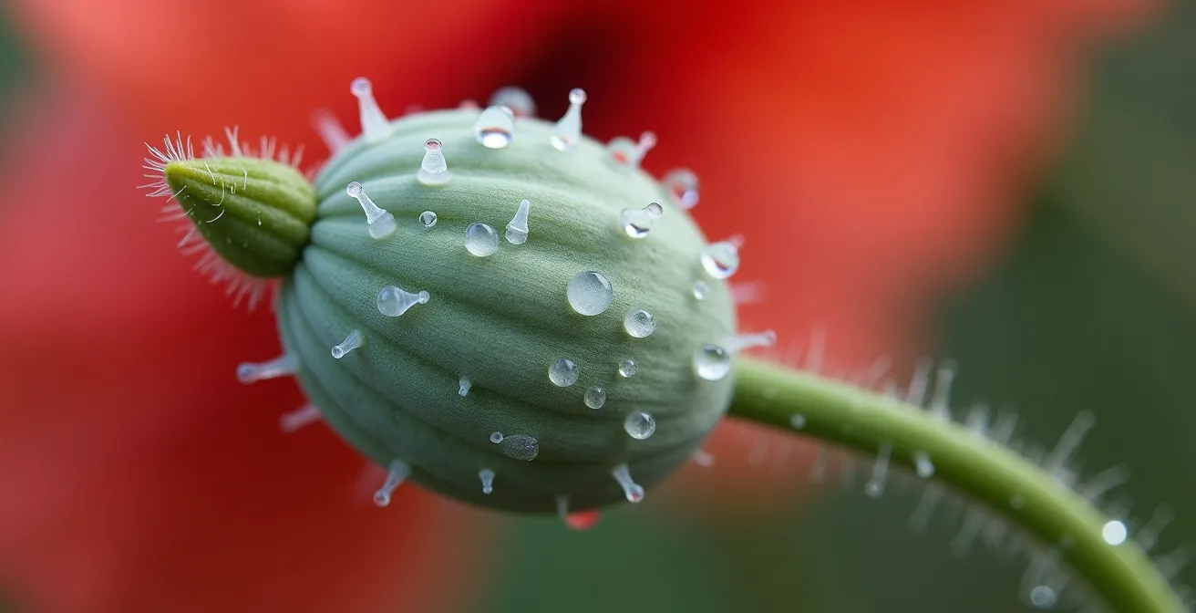 Détail macro de pavot avec gouttes de latex illustrant la production d'alcaloïdes naturels