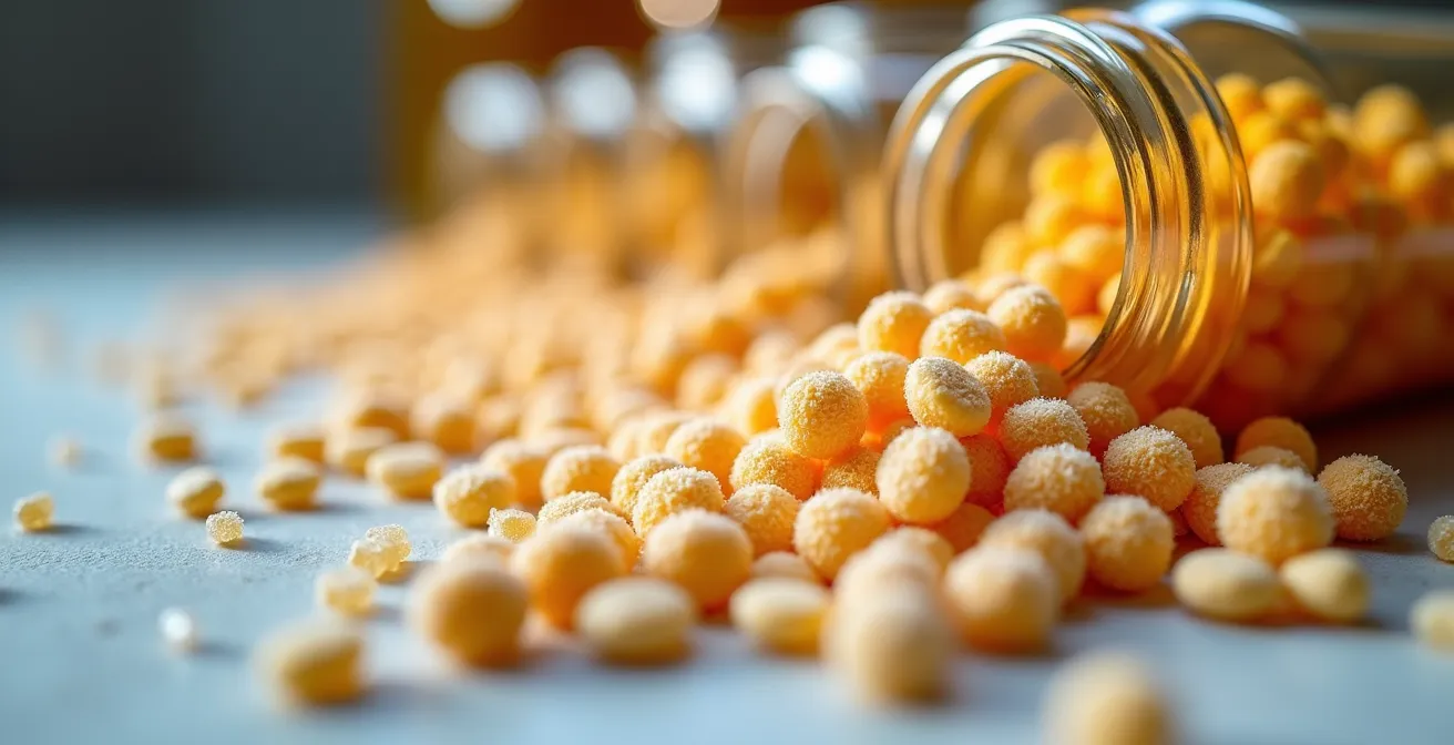 Vue macro de granules homéopathiques et tubes en verre