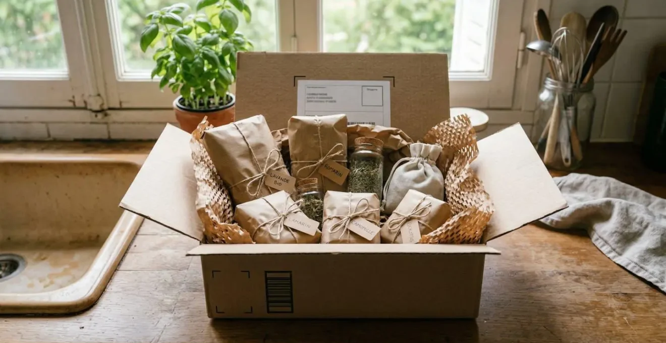 Colis d'herboristerie ouvert avec produits soigneusement emballés