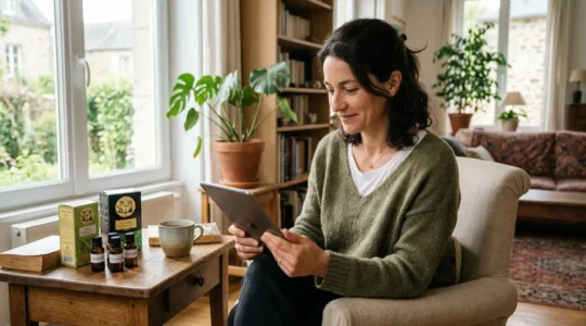 Femme consultant une herboristerie en ligne sur tablette dans son salon lumineux