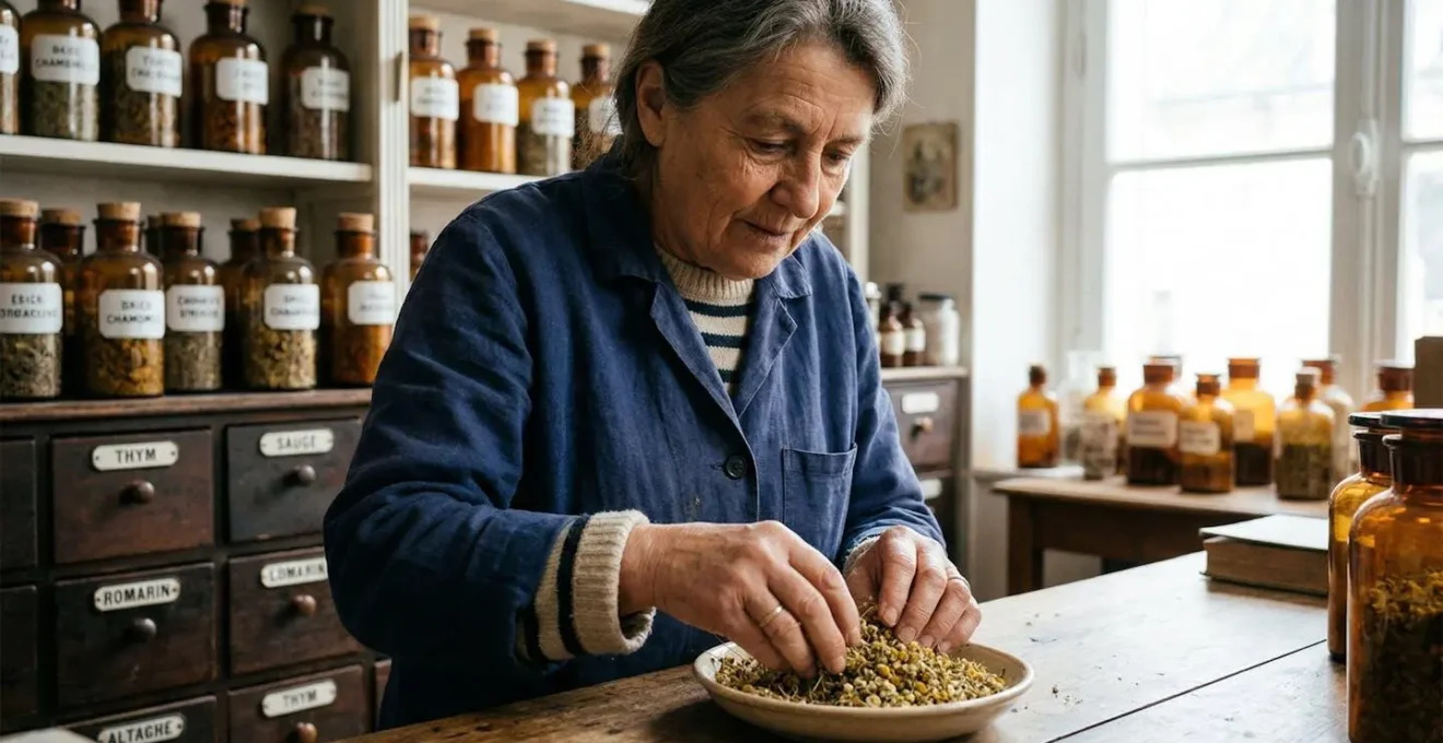 Herboriste examinant la qualité de plantes médicinales séchées dans son atelier